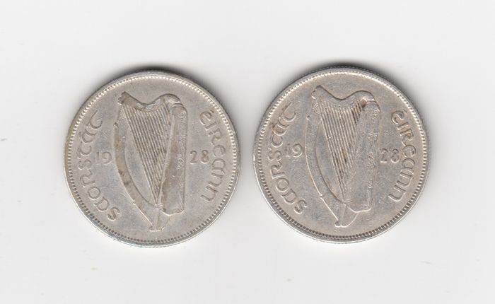 Ireland, 2 x 1928 Florins, 2/-, Saorstat Eireann, 75% Silver Coins, coins seem to be cleaned (No: 455)