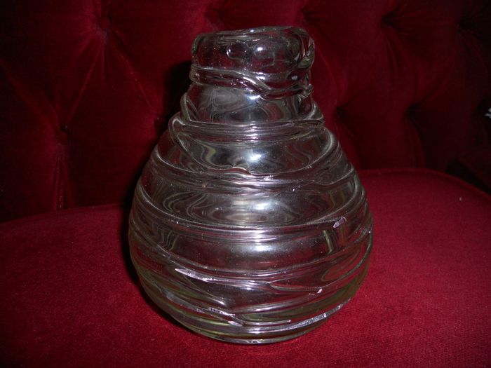 Antique 1920s Handmade Retro Blown Glass  Vase with Light Pink Webbing on Clear Glass