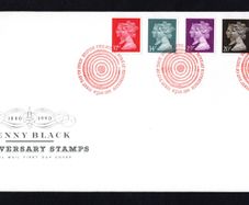 1990 Great Britain Penny Black Anniversary Stamps featuring portrait of Queen Victoria and Queen Elizabeth Commemorative Stamps Addressed First Day Cover (FDC).
