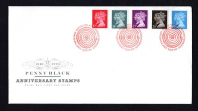 1990 Great Britain Penny Black Anniversary Stamps featuring portrait of Queen Victoria and Queen Elizabeth Commemorative Stamps Addressed First Day Cover (FDC).