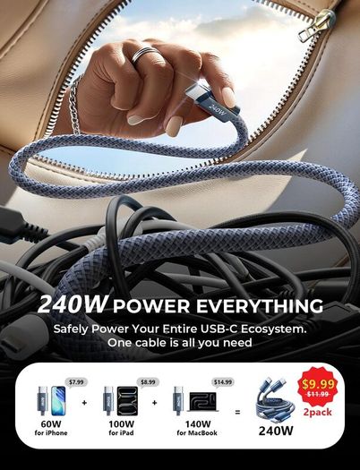 240W USB C to USB C Cable [2-Pack 2m] USB C Charger Cable, Nylon Type C Charger Cable Fast Charging for iPhone 17 16 15 Pro Max, MacBook Pro/Air, iPad Pro, Galaxy S25 S24, Switch 2, Steam Deck