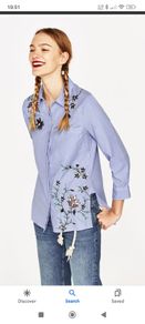 Zara blue striped embroidered flowers shirt blouse sun holls L 12/14