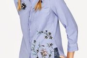 Zara blue striped embroidered flowers shirt blouse sun holls L 12/14