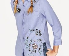 Zara blue striped embroidered flowers shirt blouse sun holls L 12/14