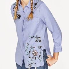 Zara blue striped embroidered flowers shirt blouse sun holls L 12/14
