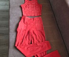 Red snake print leather two piece set, size 10