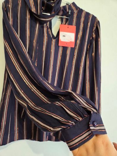 Fee G Navy & Rose Gold Metallic Stripe Blouse Size 10