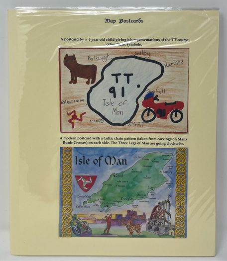 24 Beautifully written up Isle of Man display pages with lots of postcards and stamps. Maps, IOM TT and Manx cat noted
