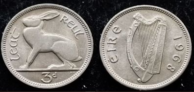 [#162] - Ireland 1968 | 3 Pence | Irish 3d | Hare | KM.12a | MS