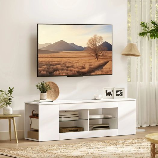 140 cm TV stand, TV dresser, 6 compartments, 2 glass shelves, chipboard, white