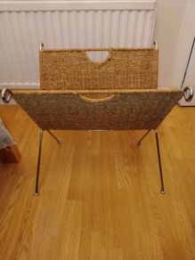 Danish Mid-Century 1960s Chrome & Rattan Magazine Rack/Vinyl Storage