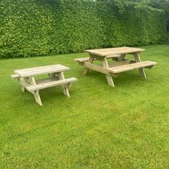 Handmade wooden picnic benches