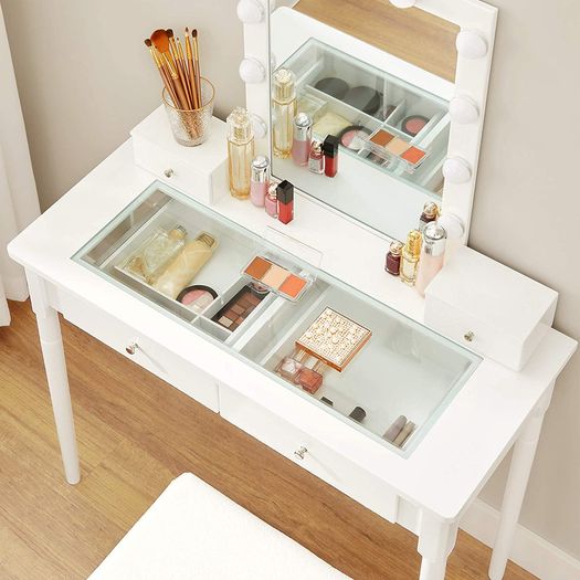 _dressing table, dressing table set, padded stool and 10 dimmable light bulbs, 2 large and 2 small drawers, transparent table top made of tempered glass, gift idea, white