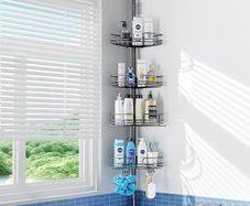4-Tier Rustproof Telescopic Corner Shower Caddy, Height Adjustable No Drilling Bathroom Storage Accessory Shelf Organiser from 58.5 to 317.5 cm, with 4 Large Capacity Adjustable Baskets, Black