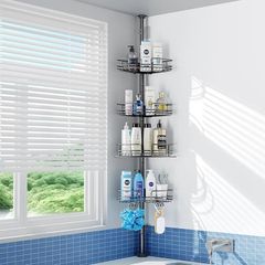 4-Tier Rustproof Telescopic Corner Shower Caddy, Height Adjustable No Drilling Bathroom Storage Accessory Shelf Organiser from 58.5 to 317.5 cm, with 4 Large Capacity Adjustable Baskets, Black