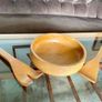 Mid Century Honey Teak Turned Medium Salad Bowl and Servers by Retos Shannon Image 3