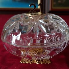 Killarney Crystal Cut Crystal Glass With Number 21 Lidded Jewelry Dish / Bowl With 22 Carat Gold Cover Handle and Footed Base Finishing Made In Ireland