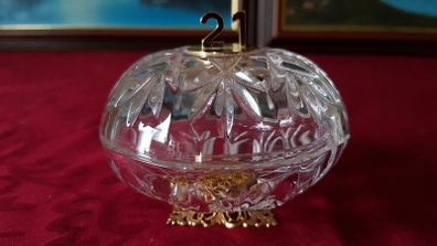 Killarney Crystal Cut Crystal Glass With Number 21 Lidded Jewelry Dish / Bowl With 22 Carat Gold Cover Handle and Footed Base Finishing Made In Ireland