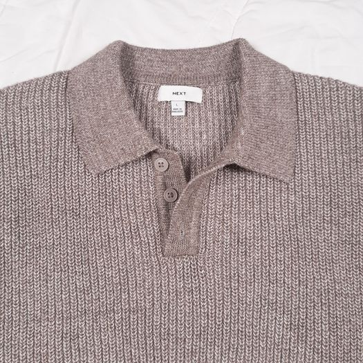 Next Taupe Mushroom Brown Ribbed Button Collar Polo Knit Jumper Mens Size L