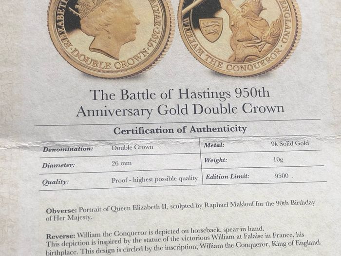 Gibraltar 2016 Solid 9ct Gold Proof Double Crown, 10g, In Capsule With COA.