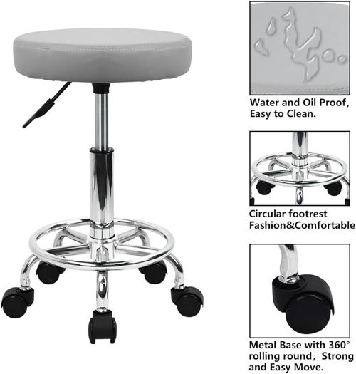 FREE SHIPPING PU Leather Round Rolling Stool with Foot Rest Swivel Height Adjustment Spa Drafting Salon Tattoo Work Office Massage Stools Task Chair Smal