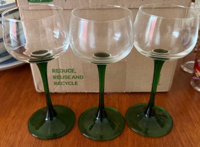 Vintage Mid-Century French Luminarc Arcoroc Green Stemmed Wine Glasses