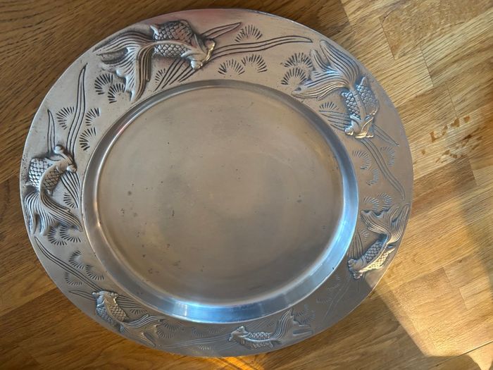 Large Decorative Pewter Dish with Koi Fish Engraving