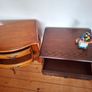 3 Vintage side tables; Beech wood 185 e. Wood Bros Carved Oak Table 215 euro , nest table 60 euro. Image 3