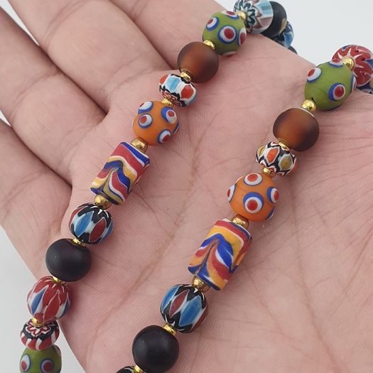 Vintage Venetian Style Mix Glass Beads & Old Face Pendant Necklace