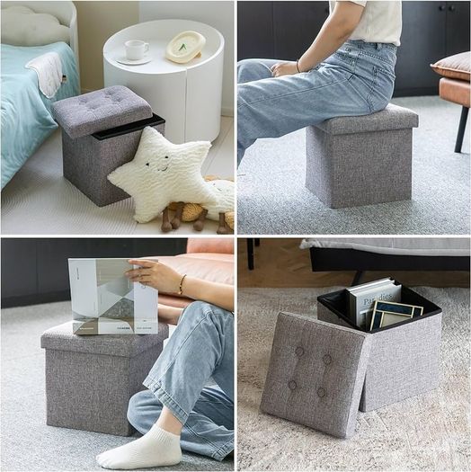 NEW SALE | Storage Bench Padded Foldable Storage Box with Lid Foot Stool with Storage for Kids Toys Bedroom Hallway Living Room Grey 30x30x30cm