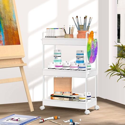 3-Tier Storage Trolley Cart Slide-out Rolling Utility Cart Mobile Storage Shelving Organizer for Kitchen, Bathroom, Laundry Room, Bedroom, Narrow Places, Plastic,White