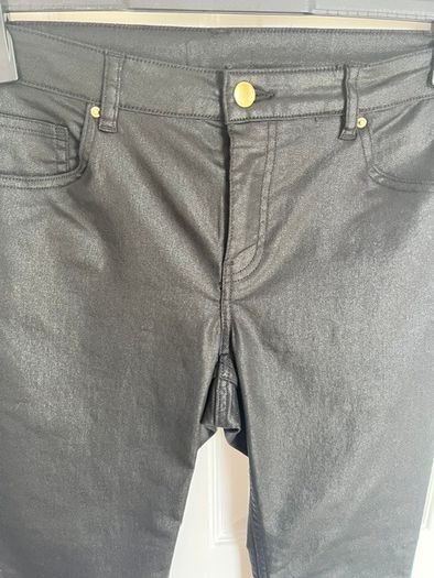Faux Leather JET BLACK Ladies Slender Ankle Grazer Trousers.  H&M Size 12. Slight Stretch. Dressy With A Satin/sheen Finish. Immaculate Off The Rail Condition.