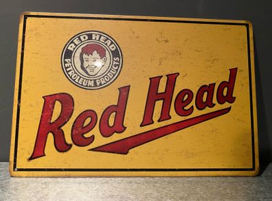 Red head petroleum products Tin metal sign