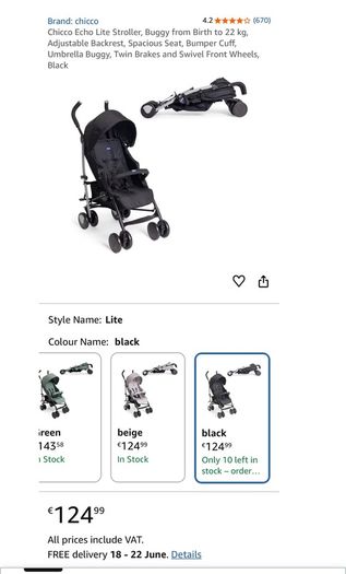 Chicco Echo Lite Stroller, Buggy from Birth to 22 kg