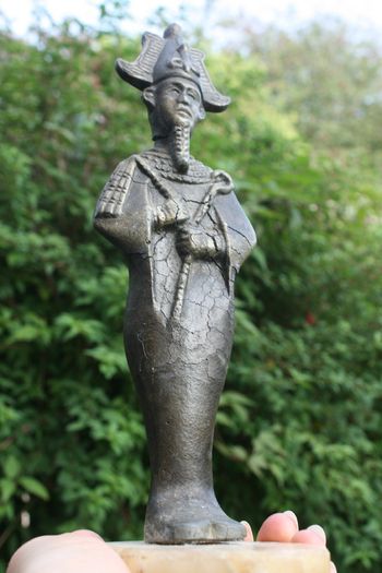Vintage Egyptian  Figure of Osiris 10" (made of some metal, a few cracks visible in the photos, mounted on a marble base)