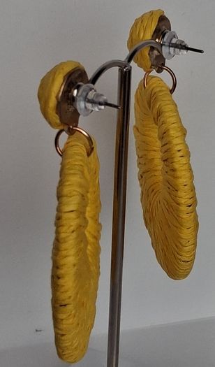 Golden Yellow Raffia Woven Stud Hollow Out Woven Hoop Earrings