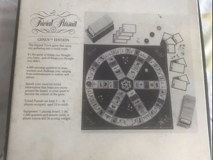 Trivial Pursuit 1983 Genius edition,,now vintage all pieces present selling on eBay for 120 sterling bargain at 40 euro