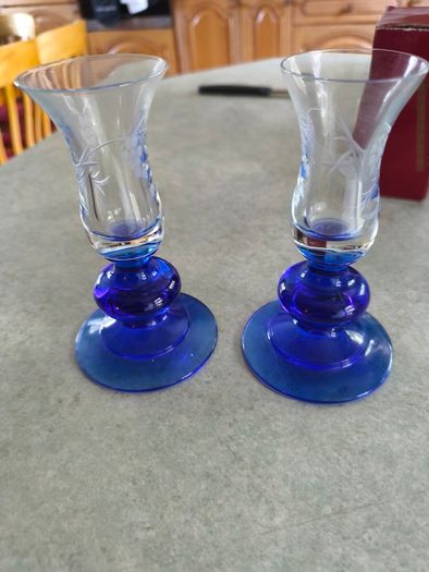 Vintage set of 2 Duiske Irish Handcut Glass Cobalt Blue/Clear Etched Vine Candle Holder