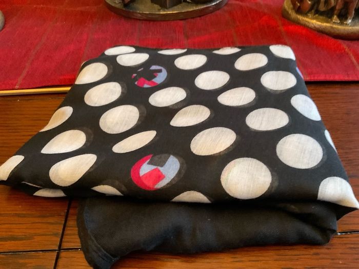 Samoon. FURTHER REDUCED.   Scarf In Black With White Polka Dots And A Littlle  Blue and Pink Also , With Decorative Pearls At The End