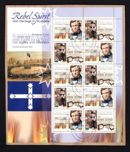 2001 Ireland Irish Heritage in Australia (Ned Kelly, Peter Lalor, Settlers, emigrants) Commemorative Stamp Sheetlet Fine Used with Dublin CDS cancel of 3rd May 2001(Frist day of issued) on envelope extract