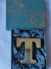 Initial T brass paperweight