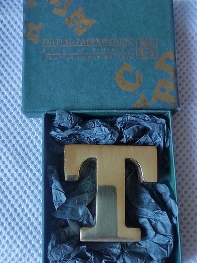 Initial T brass paperweight
