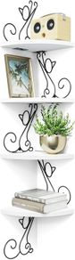 Corner Shelf Wall Mounted, 4 Tier Cat-shaped Corner Shelves Rustic Wood Floating Shelf Metal Corner Stand for Living Room Bedroom Kitchen Office and More White