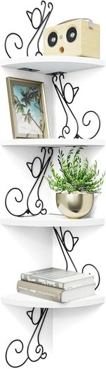 Corner Shelf Wall Mounted, 4 Tier Cat-shaped Corner Shelves Rustic Wood Floating Shelf Metal Corner Stand for Living Room Bedroom Kitchen Office and More White