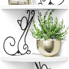 Corner Shelf Wall Mounted, 4 Tier Cat-shaped Corner Shelves Rustic Wood Floating Shelf Metal Corner Stand for Living Room Bedroom Kitchen Office and More White