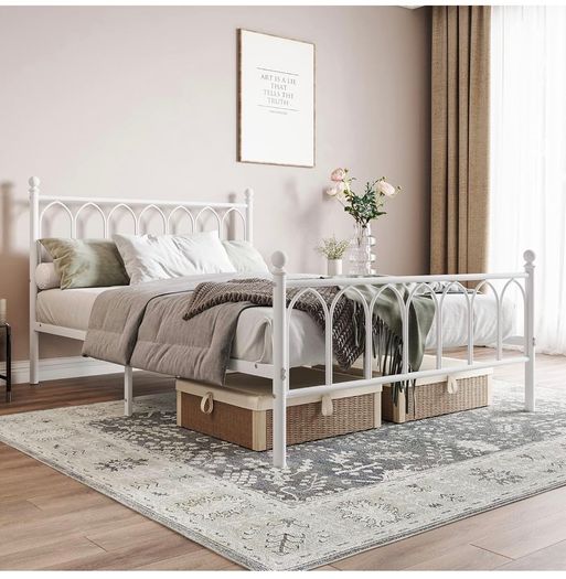Double Metal Bed Frame 135 x 190 cm with Headboard and Footboard Heavy Duty Foundation,Metal Slat Support,White,