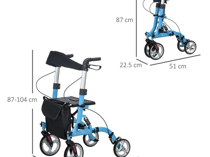 4 Wheel Rollator with Seat and Back, Lightweight Folding Mobility Walker with Large Wheels, Carry Bag, Adjustable Height, Aluminium Walking Frame with Dual Brakes for Seniors, Blue
