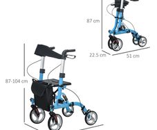 4 Wheel Rollator with Seat and Back, Lightweight Folding Mobility Walker with Large Wheels, Carry Bag, Adjustable Height, Aluminium Walking Frame with Dual Brakes for Seniors, Blue