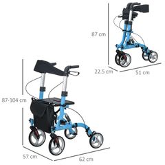 4 Wheel Rollator with Seat and Back, Lightweight Folding Mobility Walker with Large Wheels, Carry Bag, Adjustable Height, Aluminium Walking Frame with Dual Brakes for Seniors, Blue