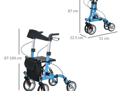 4 Wheel Rollator with Seat and Back, Lightweight Folding Mobility Walker with Large Wheels, Carry Bag, Adjustable Height, Aluminium Walking Frame with Dual Brakes for Seniors, Blue
